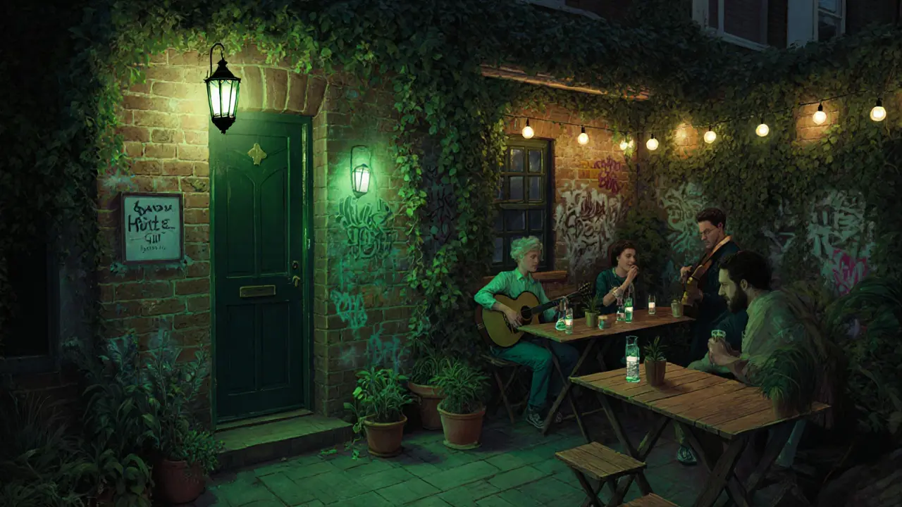 Hidden garden bar with string lights and locals drinking gin, ivy-covered walls and quiet ambiance.