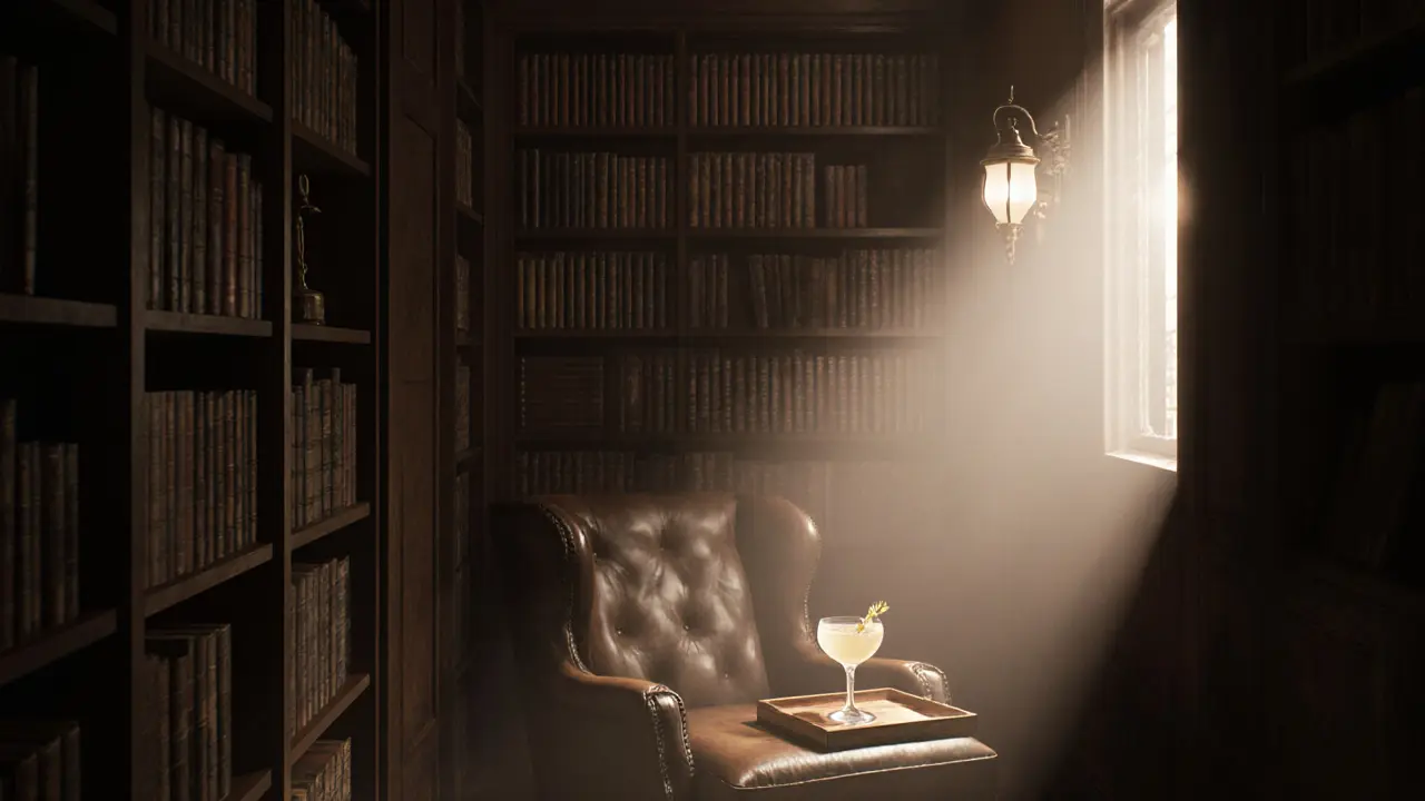 Hidden speakeasy behind a bookshelf, dim light on a cocktail and armchair, vintage books and shadows creating a mysterious atmosphere.