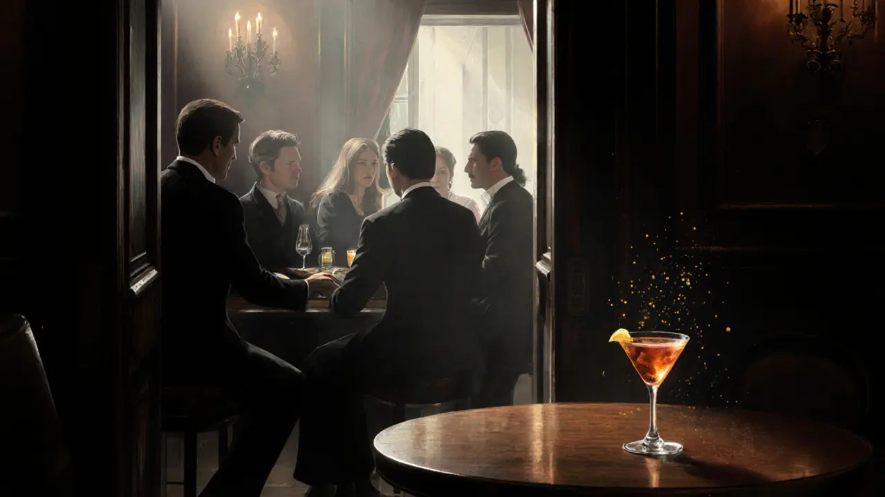 Hidden speakeasy interior with dim candlelight, guests in vintage attire, and a pianist playing softly in the background.