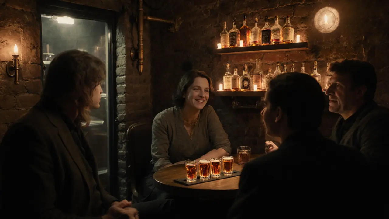 Hidden speakeasy with whiskey bottles and candlelit intimacy