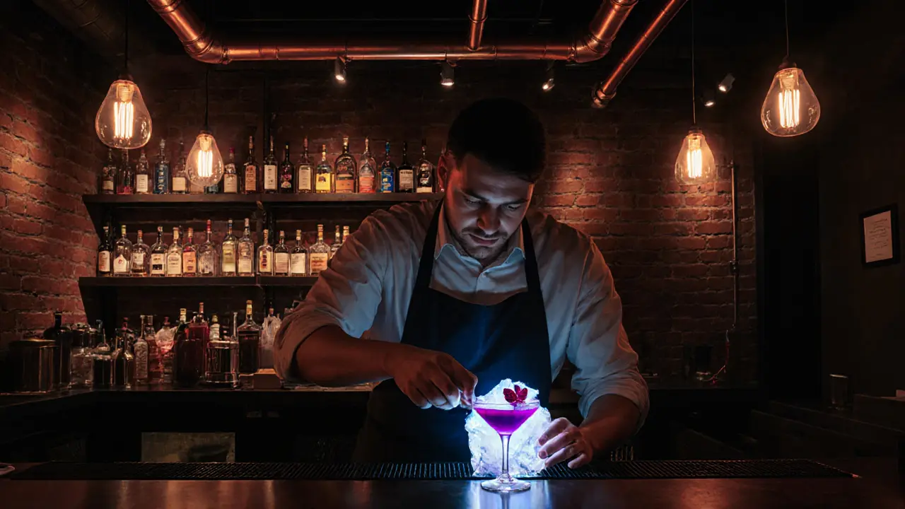 Industrial cocktail bar with copper pipes and rare spirits, a bartender carving ice for a violet-hued drink.