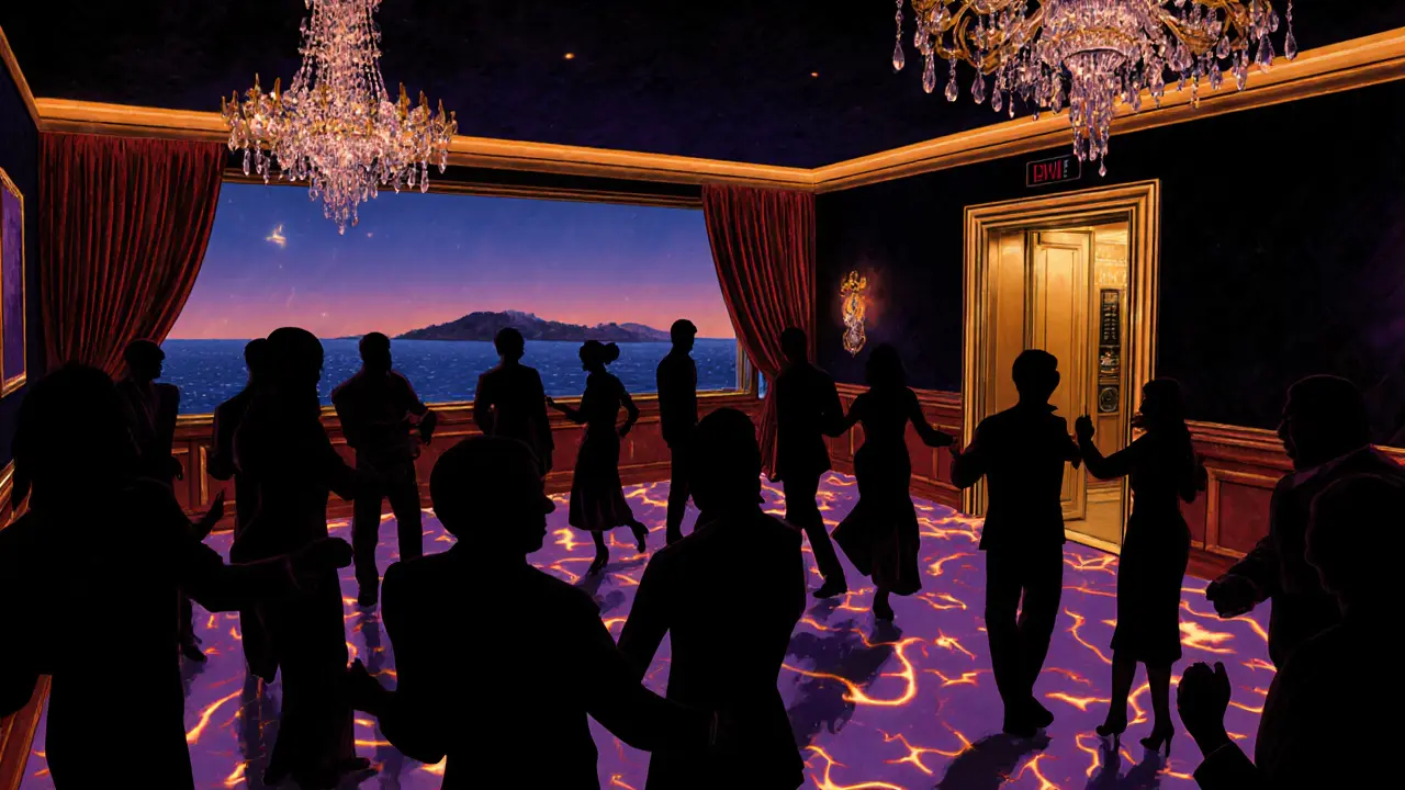 Interior of Rockafeller’s nightclub with pulsing lights, silhouetted guests, and sea view through large windows.