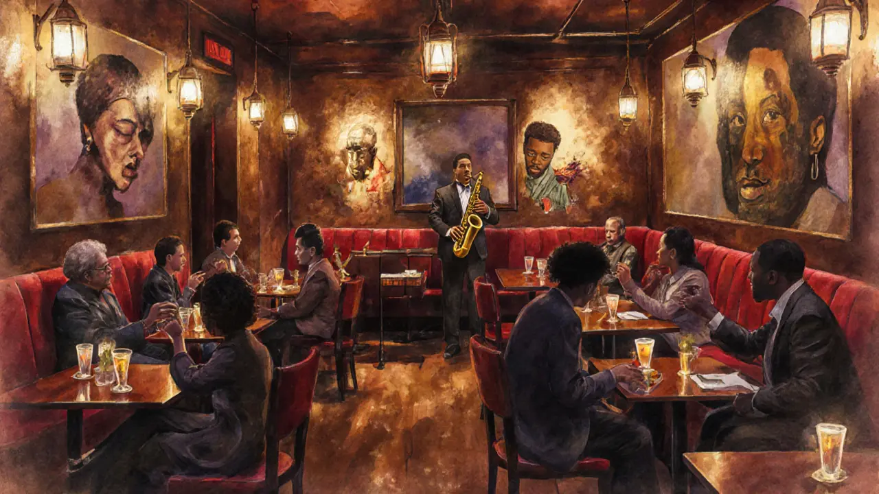 Intimate jazz performance at The Jazz Cafe with murals and velvet seating.