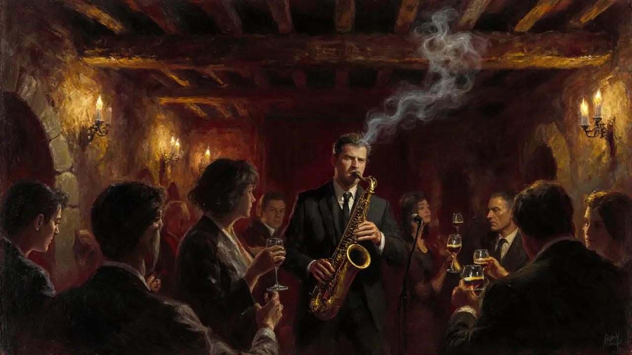 Jazz musicians playing in a candlelit cellar club, patrons dancing closely under flickering light.