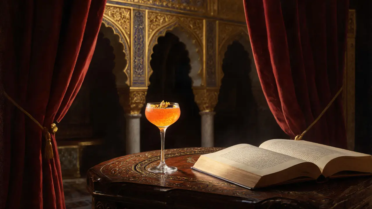 Luxurious palace bar with golden cocktail and traditional Arabic details.