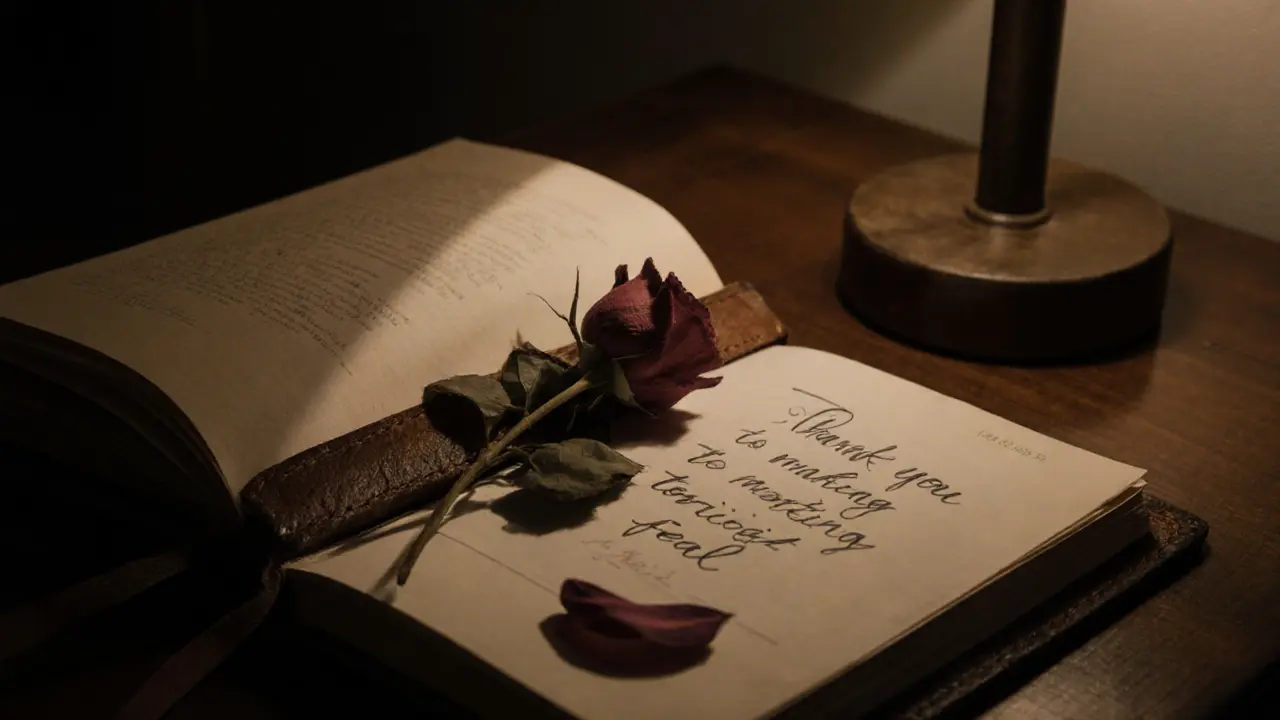 Open journal with a pressed rose and a handwritten thank-you note on a nightstand.