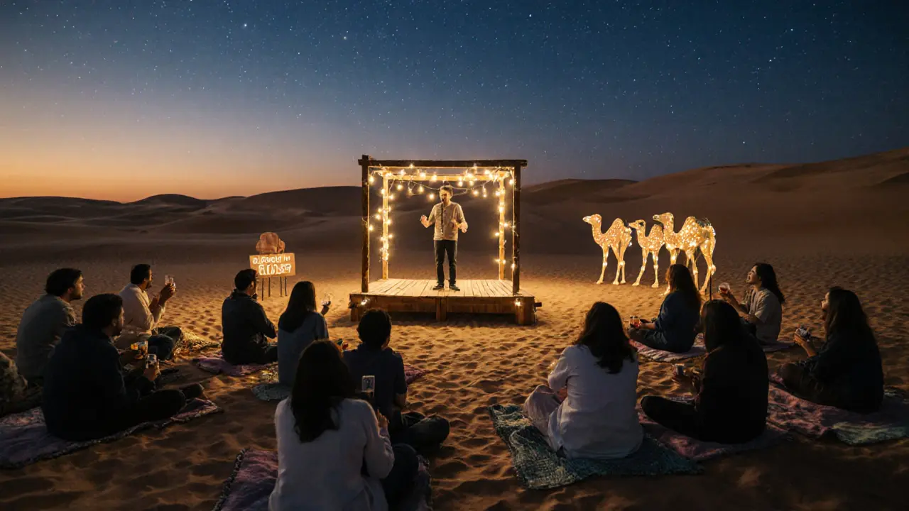 People enjoying comedy under the stars at a desert pop-up show with camel lights and sand dunes in background.