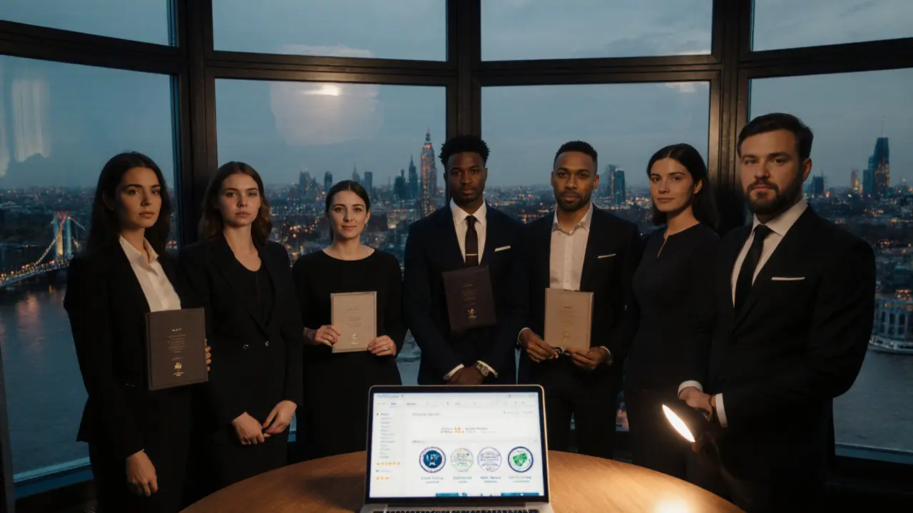 Professional companions in a Mayfair apartment with verified client and health credentials displayed.