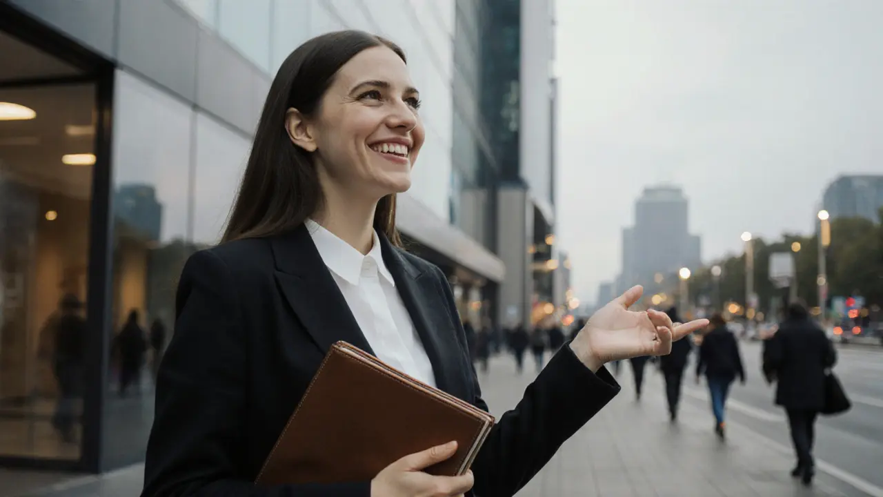 Professional escort standing confidently outside a hotel in Charlottenburg.