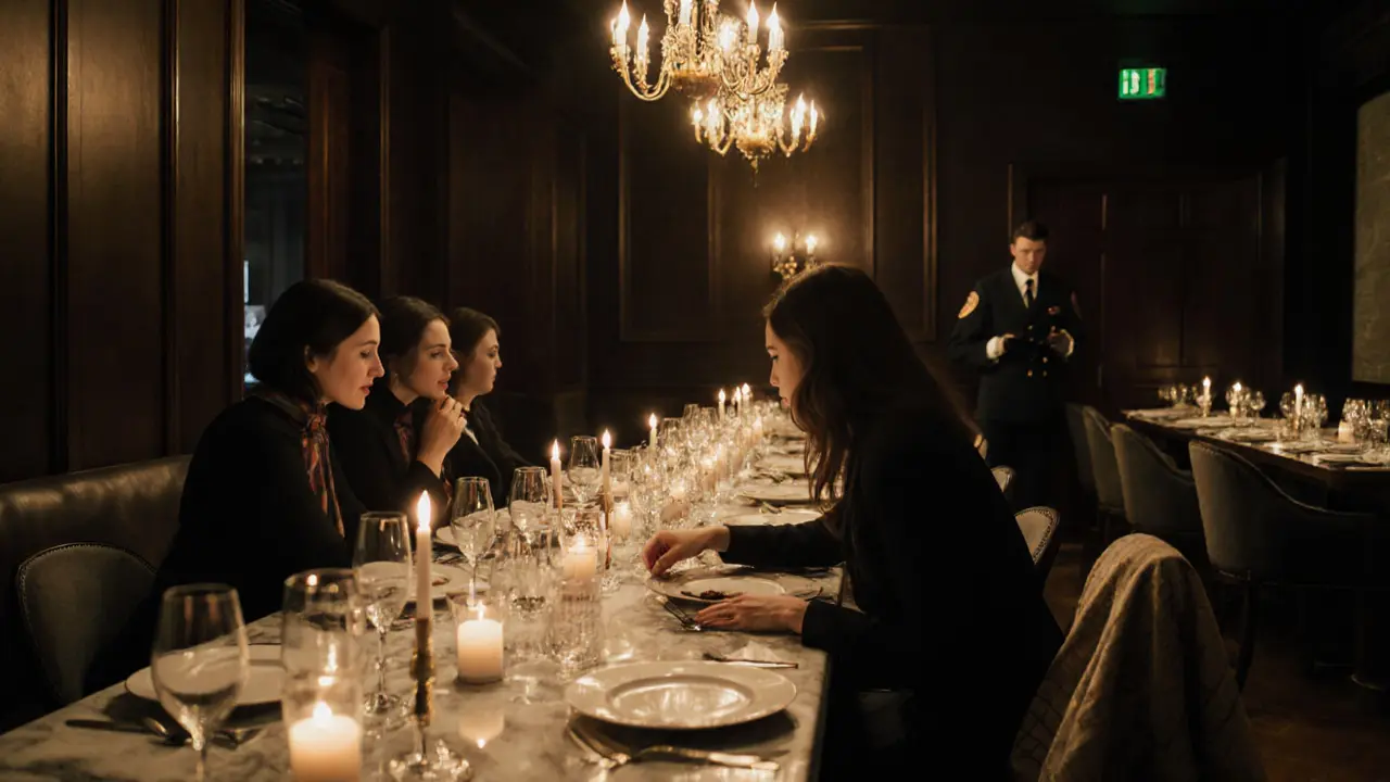 Refined fashion insiders in candlelit lounge at The Ledbury, whispering over empty dinner plates.