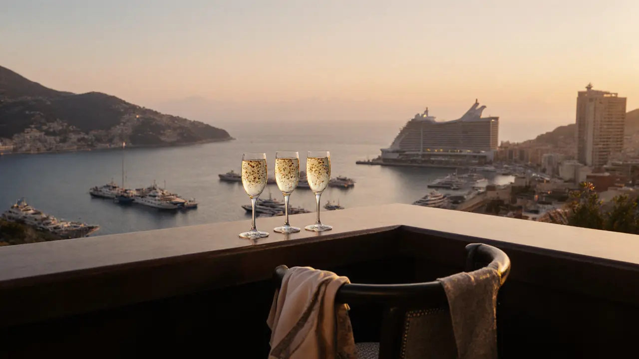 Rooftop bar at dawn with champagne flutes, gold flakes, and panoramic view of Monaco’s harbor.