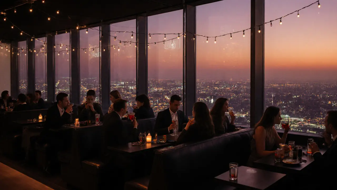 Rooftop bar at sunset with city skyline view, guests relaxed at leather booths under soft lighting, no crowds or loud signs.