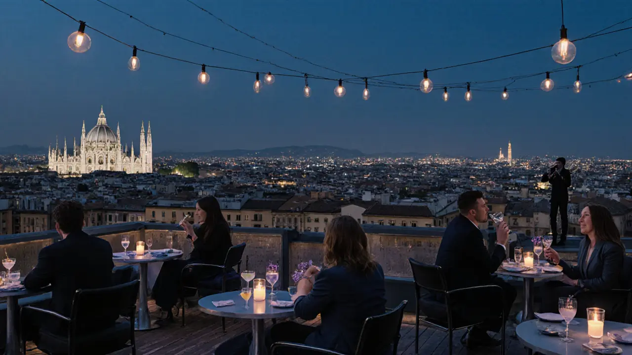 Rooftop bar overlooking Milan&#039;s Duomo at night with guests sipping cocktails against a glowing skyline.