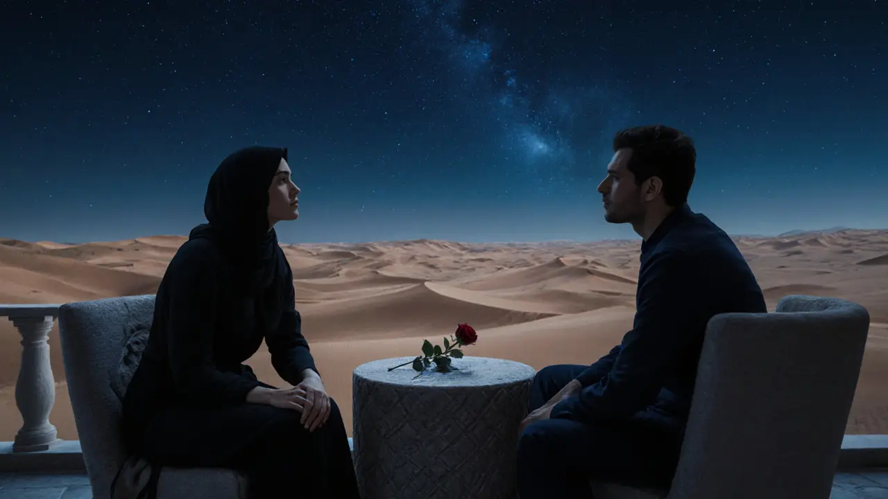 Silent moment on a desert balcony under a starry sky with a single rose on the table.