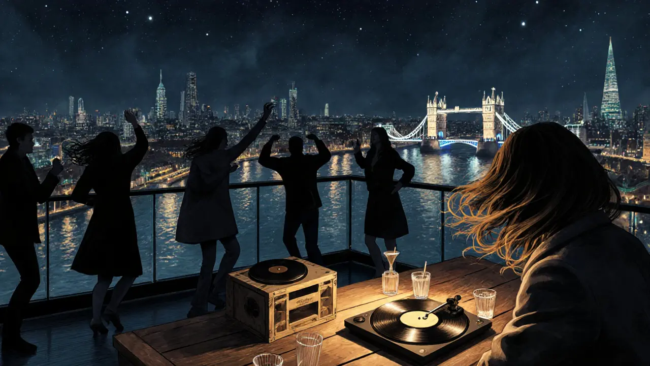 Silhouettes dancing on a rooftop bar with the Thames and city lights below at night.
