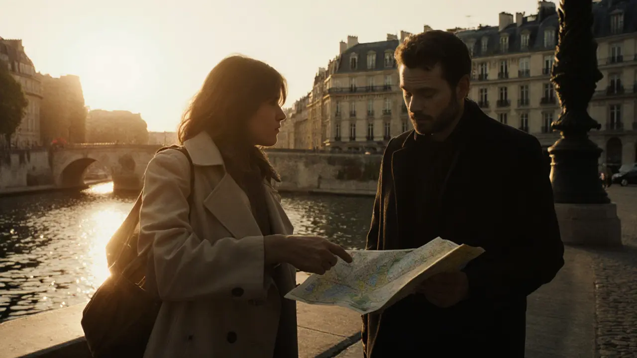 Silhouettes of a companion and client walking along the Seine at sunset.