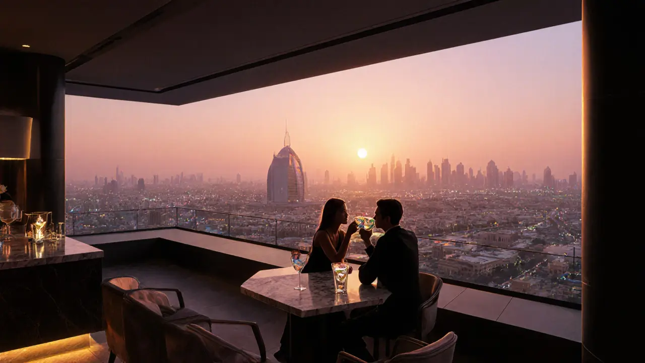 Sleek rooftop bar with skyline view at sunset, couple sipping cocktails.