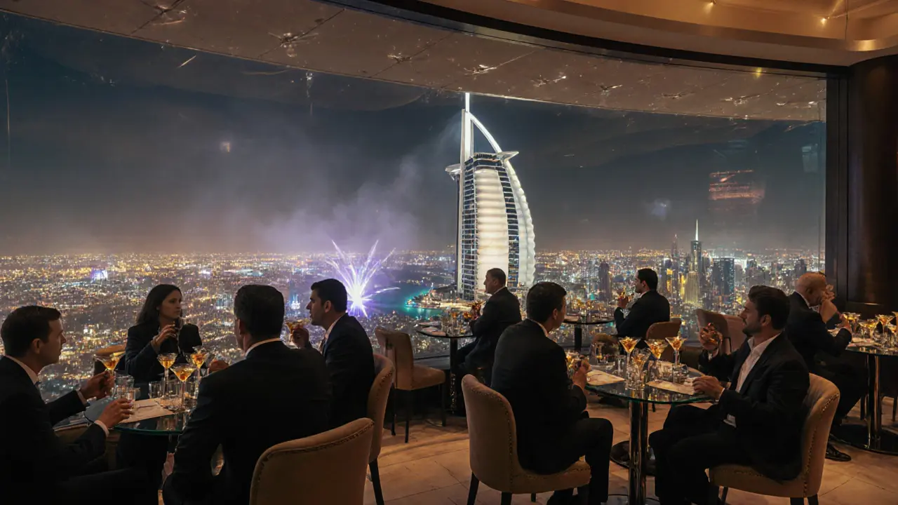 Sophisticated bar at the top of Burj Al Arab with guests enjoying cocktails and a breathtaking city skyline view.