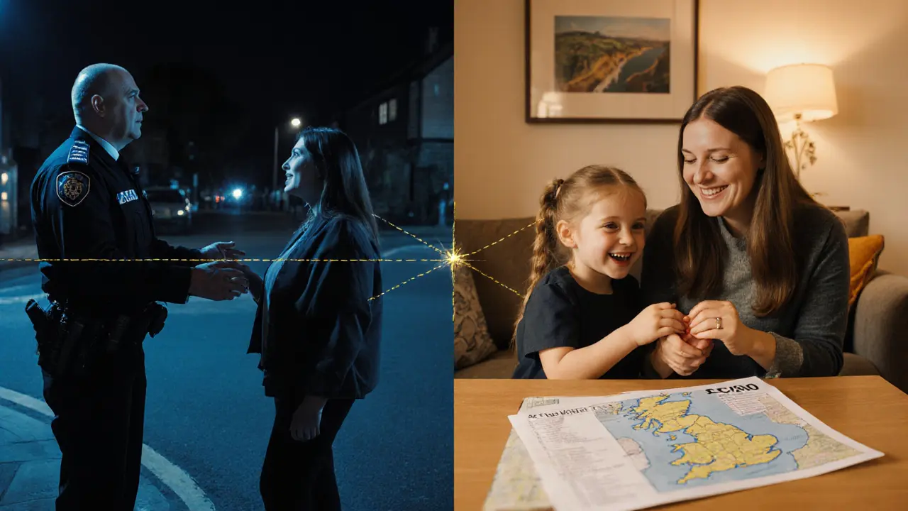 Split image: a police officer asking if a woman is safe at night, and the same woman smiling with her daughter at home, holding a bank statement.