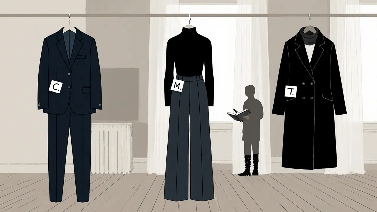 Three simple outfits hang with handwritten notes, symbolizing quiet observation and emotional presence.