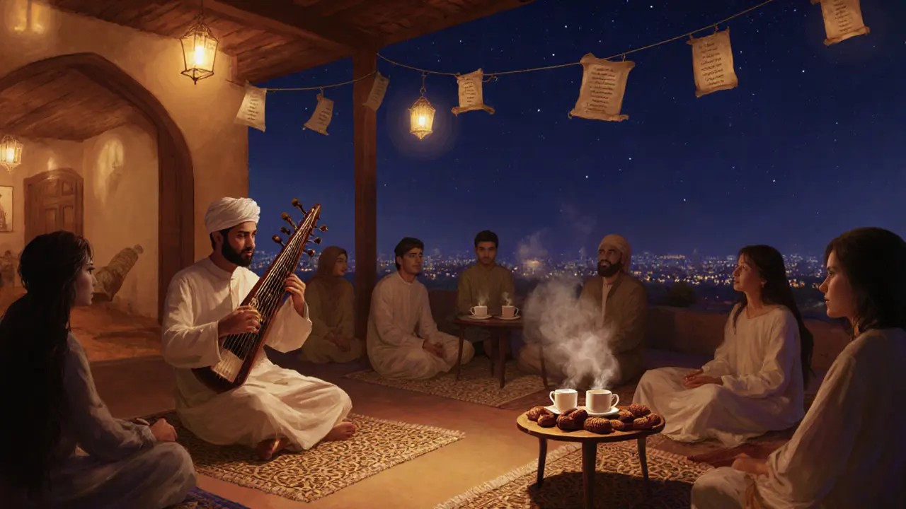 Traditional Emirati evening with oud music, poetry, and coffee under lantern light.