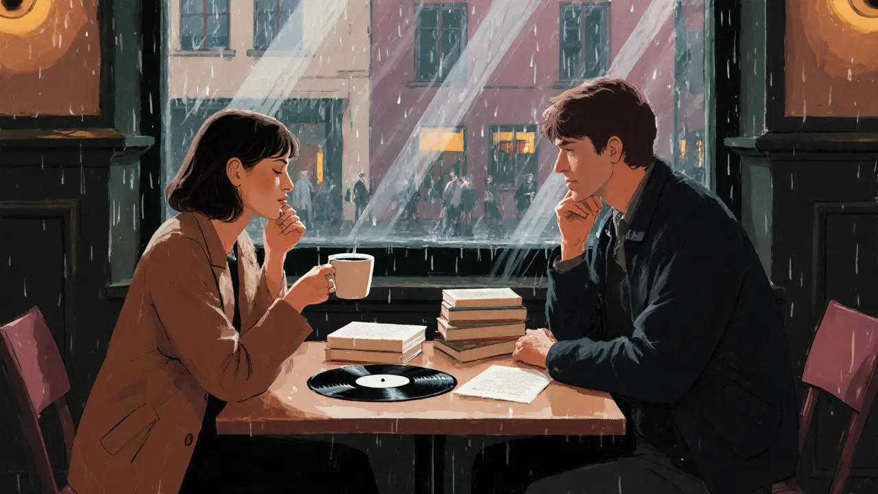 Two people enjoy a calm coffee date in a Berlin café, books and vinyl on the table.