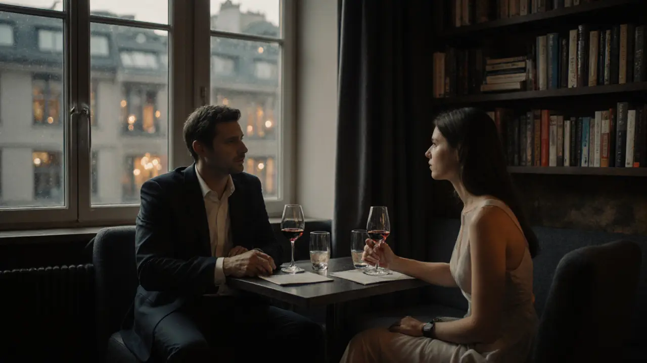 Two people having quiet conversation in a private Berlin lounge with city lights visible.