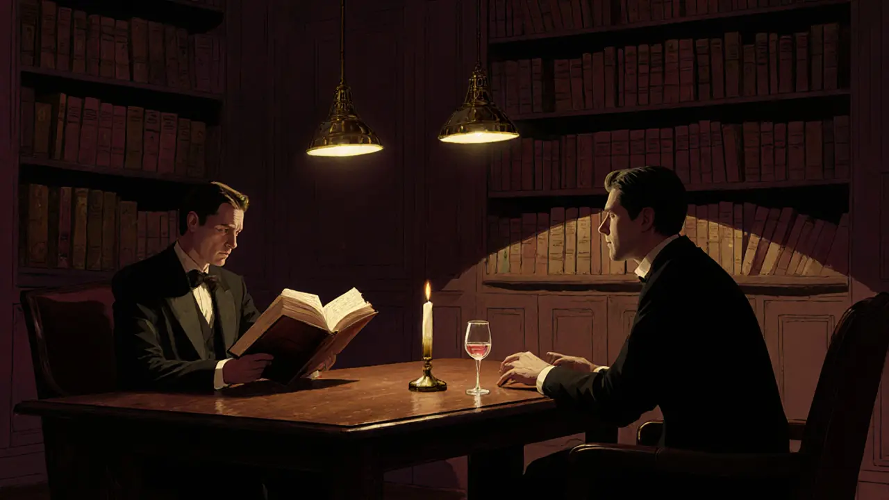 Two people share a quiet moment reading poetry in a dimly lit Belgravia library lounge.