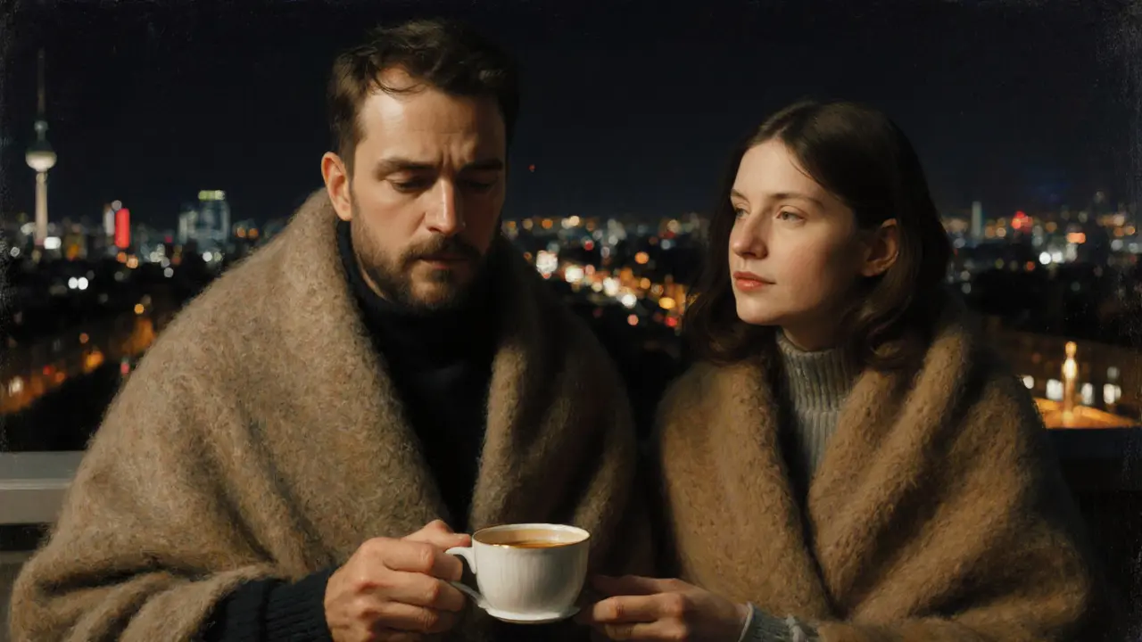 Two people sit in silence on a balcony at night, wrapped in blankets, city lights glowing behind them.