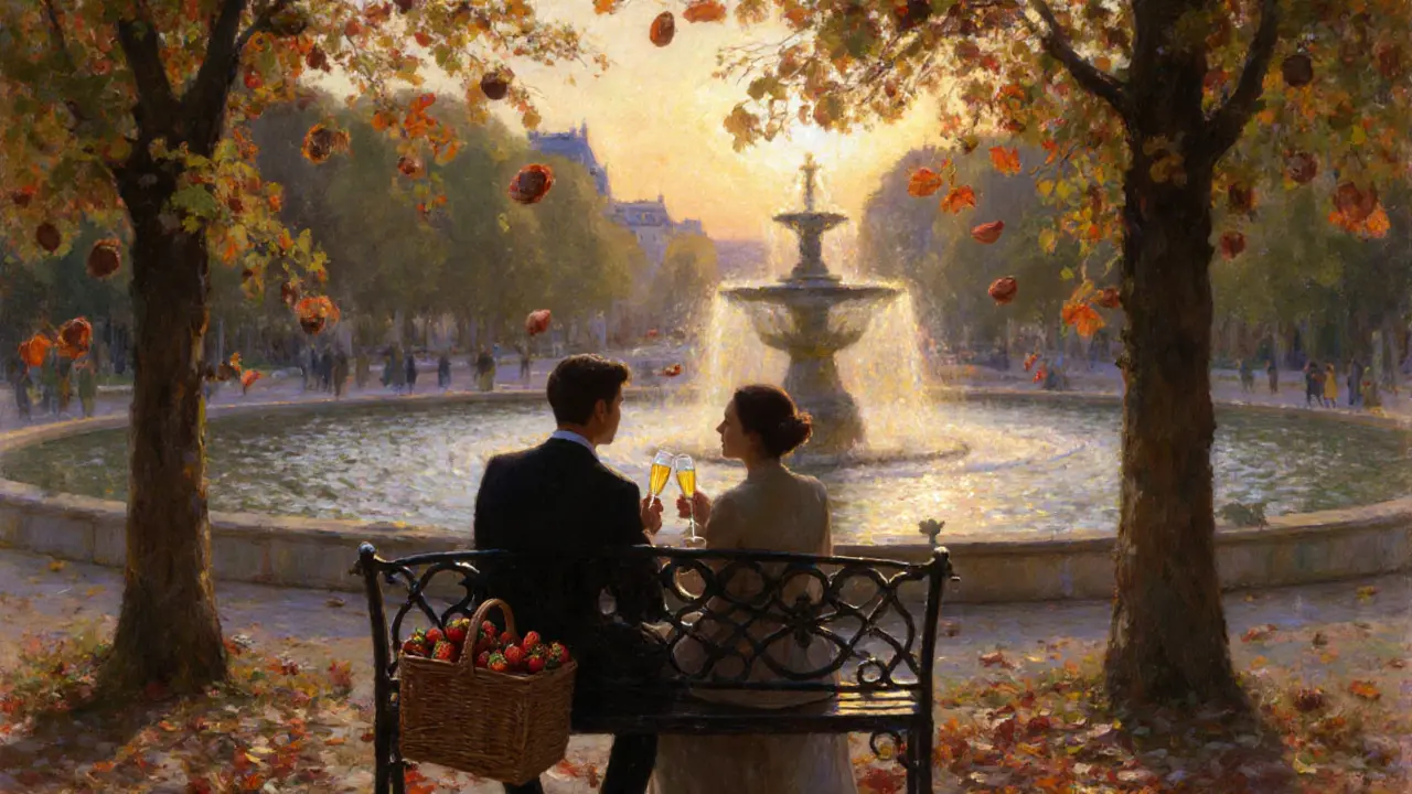 Two silhouettes enjoy a sunset picnic at Luxembourg Gardens with strawberries and champagne.