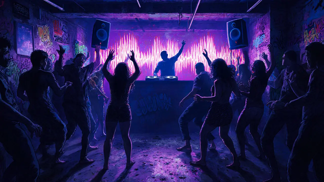 Underground club with dancers under strobe lights, graffiti walls, and a DJ surrounded by sound waves.