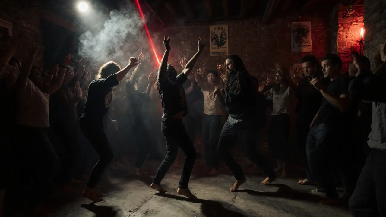 Underground club with strobe lights and dancers in a dim, smoky basement filled with raw energy.