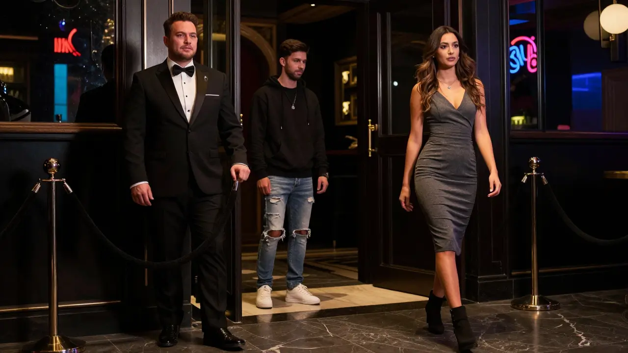A bouncer at a luxury Dubai club entrance turning away someone in casual attire while another enters in smart dress.