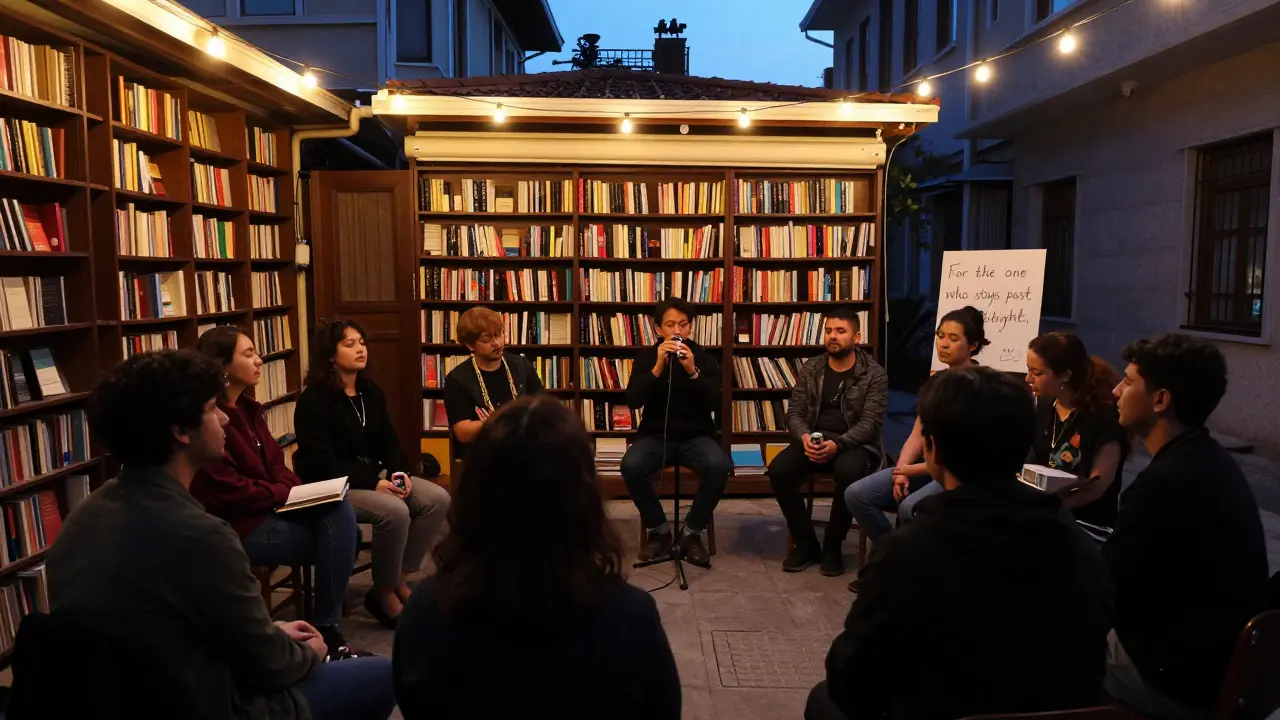 A circle of people in a courtyard sharing music, no stage, just shared silence and sound.