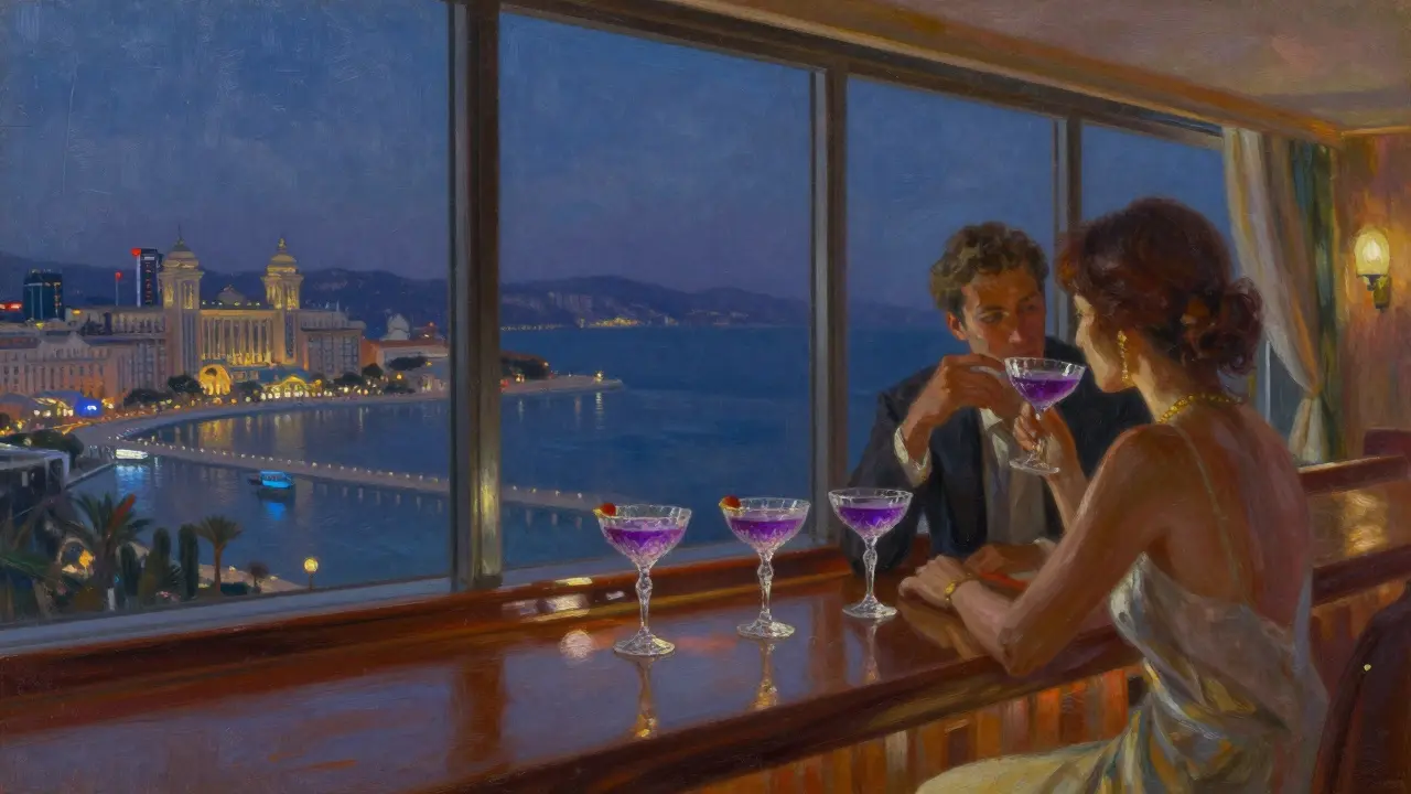 A couple enjoying cocktails at a luxurious bar with panoramic harbor views.