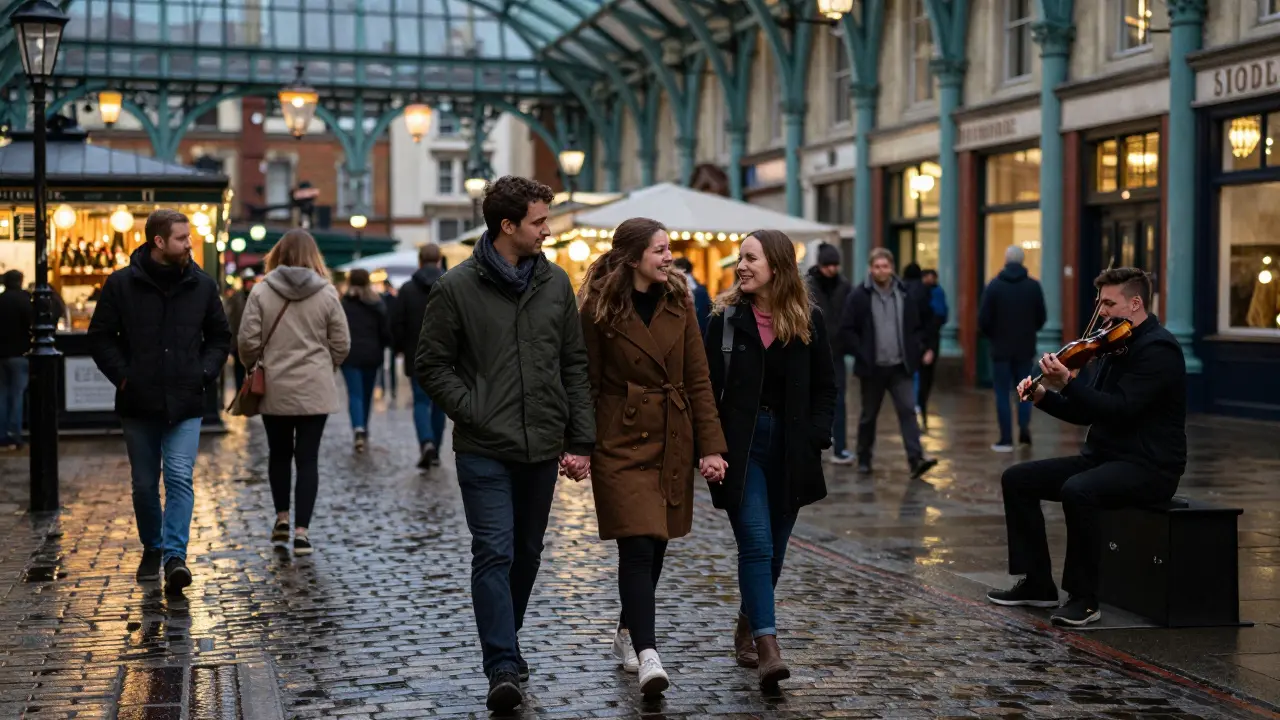 A couple listens to a street musician in Covent Garden at twilight, sharing a quiet, meaningful moment.