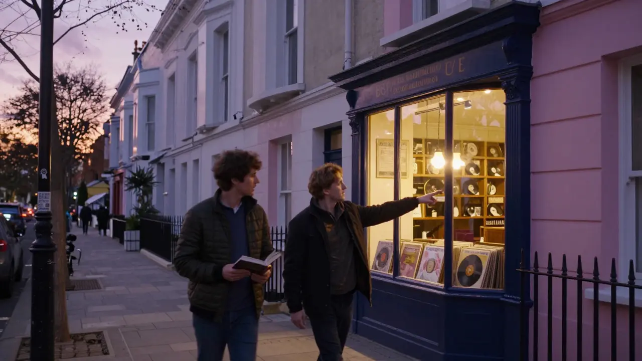 A couple walking through the colorful streets of Notting Hill at dusk, passing a bookstore with glowing windows.