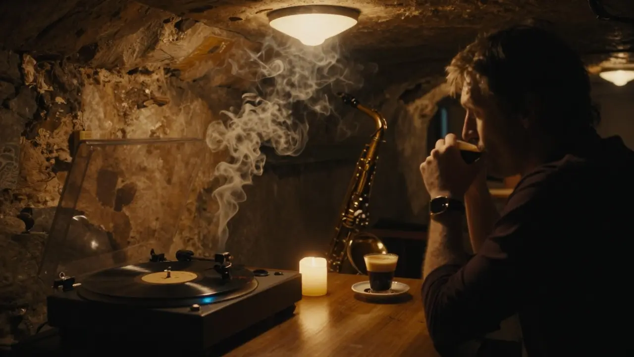 A dimly lit basement jazz bar in Prenzlauer Berg with smoke, a vinyl player, and a lone customer sipping espresso by candlelight.