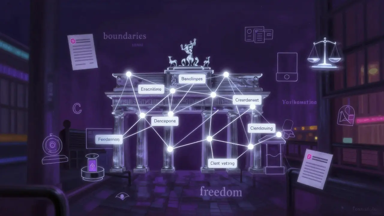 A glowing network of light threads maps Berlin, symbolizing encrypted communications and professional boundaries of independent escorts.