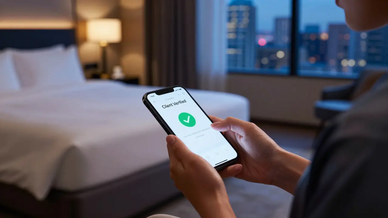 A hand scanning an ID through a mobile app with a verification confirmation in a luxury hotel room.