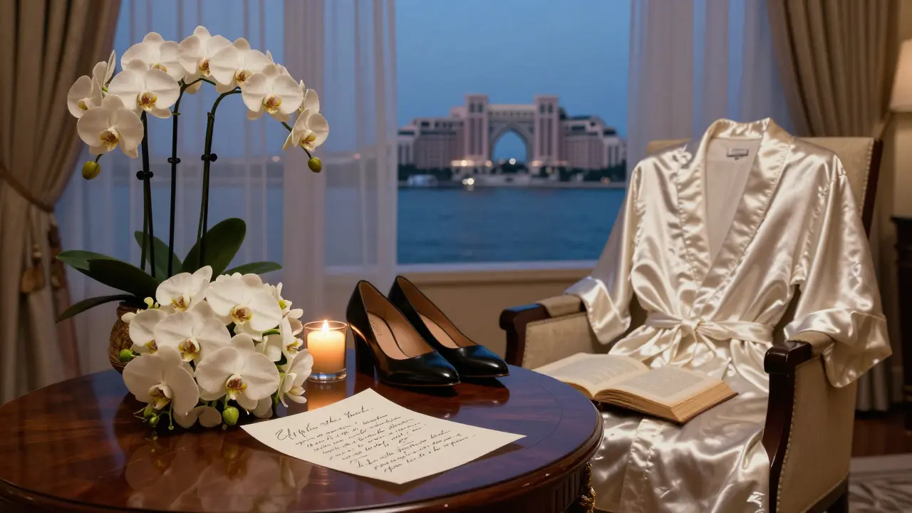 A luxurious hotel suite with a handwritten note, orchids, and a robe, suggesting a respectful, intimate encounter.