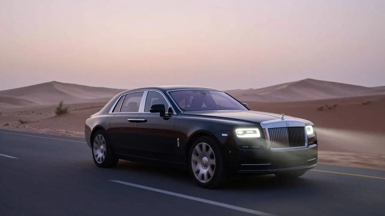 A luxury car moving silently through desert mist at dawn, occupants unseen.