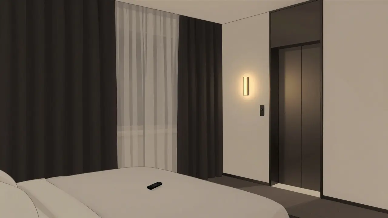 A minimalist luxury hotel room with blackout curtains and no visible electronics.
