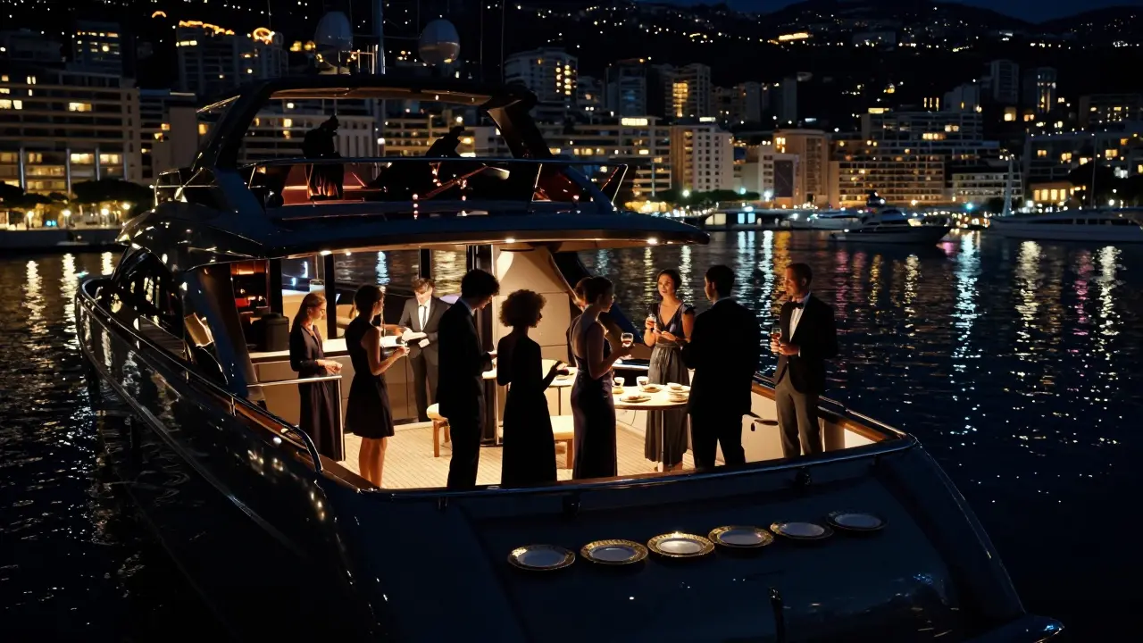 A private yacht at midnight with elegant silhouettes enjoying quiet luxury on the water.