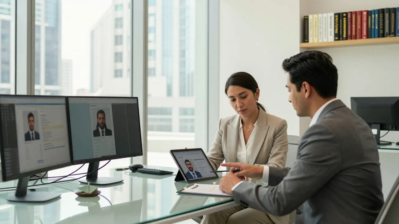 A professional escort agency office in Dubai with discreet client profiles and ID verification process in progress.