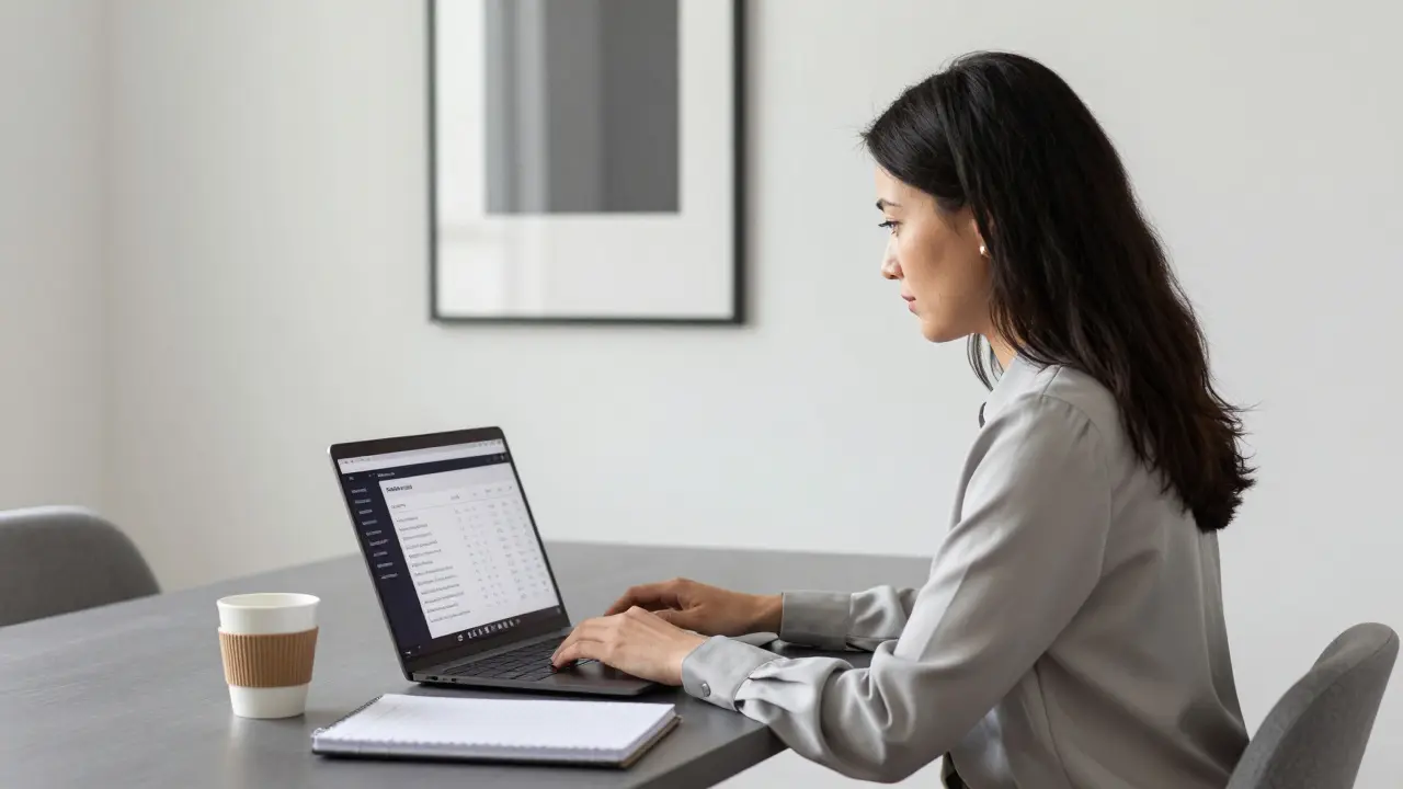 A professional woman working at a desk in a Berlin apartment, managing her escort business