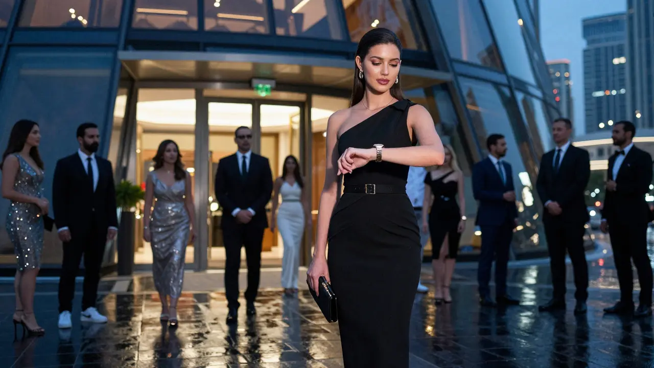 A professionally dressed woman standing outside the Dubai Opera, blending into an elegant crowd.