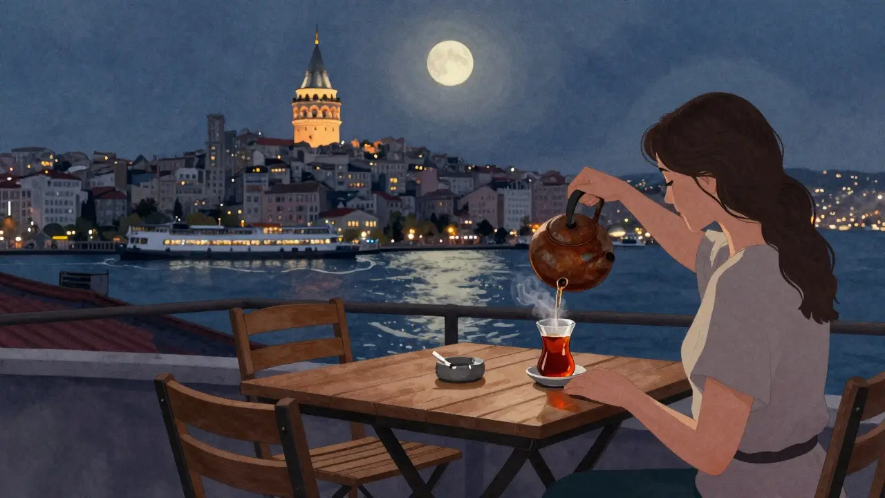 A quiet rooftop at dawn with tea being poured, the Galata Tower glowing in the distance.