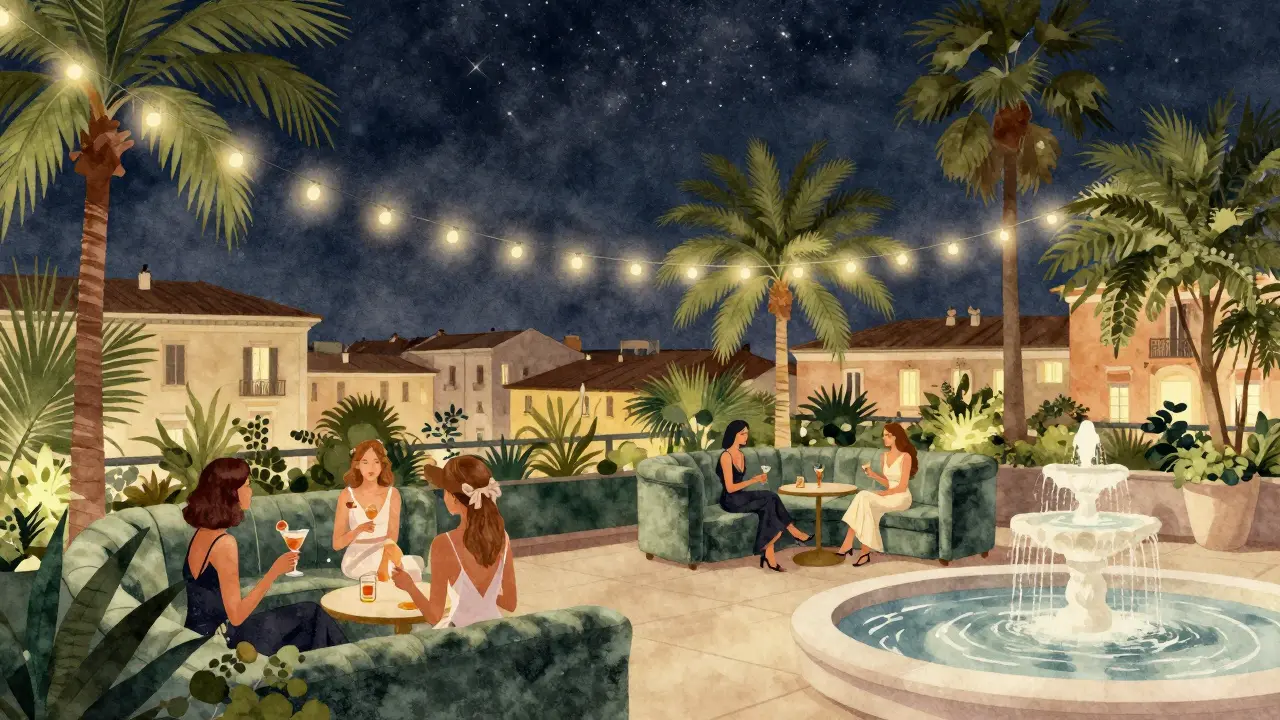 A rooftop garden party in Milan under string lights and stars, guests enjoying cocktails among palm trees.