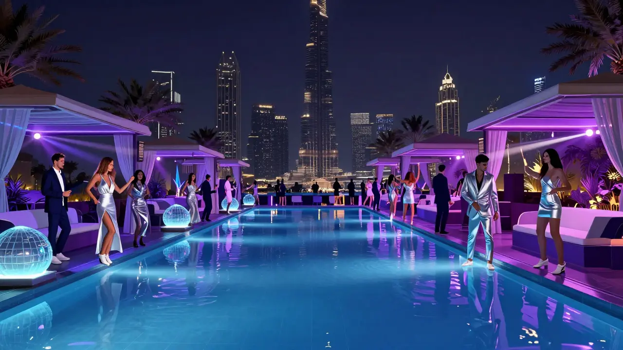 A vibrant nighttime party at Drai’s club with guests in stylish, logo-free outfits under neon lights and city skyline.